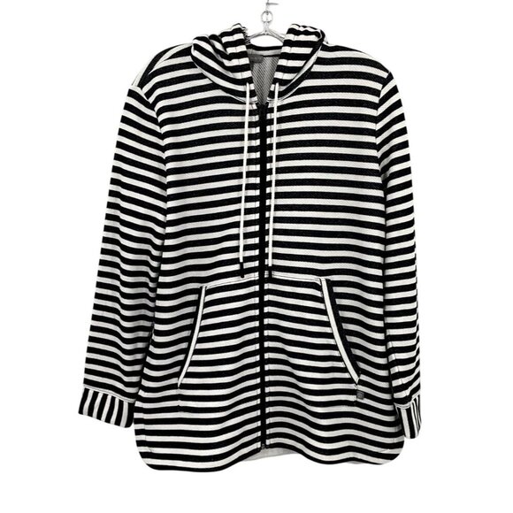 Talbots Jacket Women Large Petite Terry Striped Black White Full Zip‎ Hoodie - Picture 1 of 13